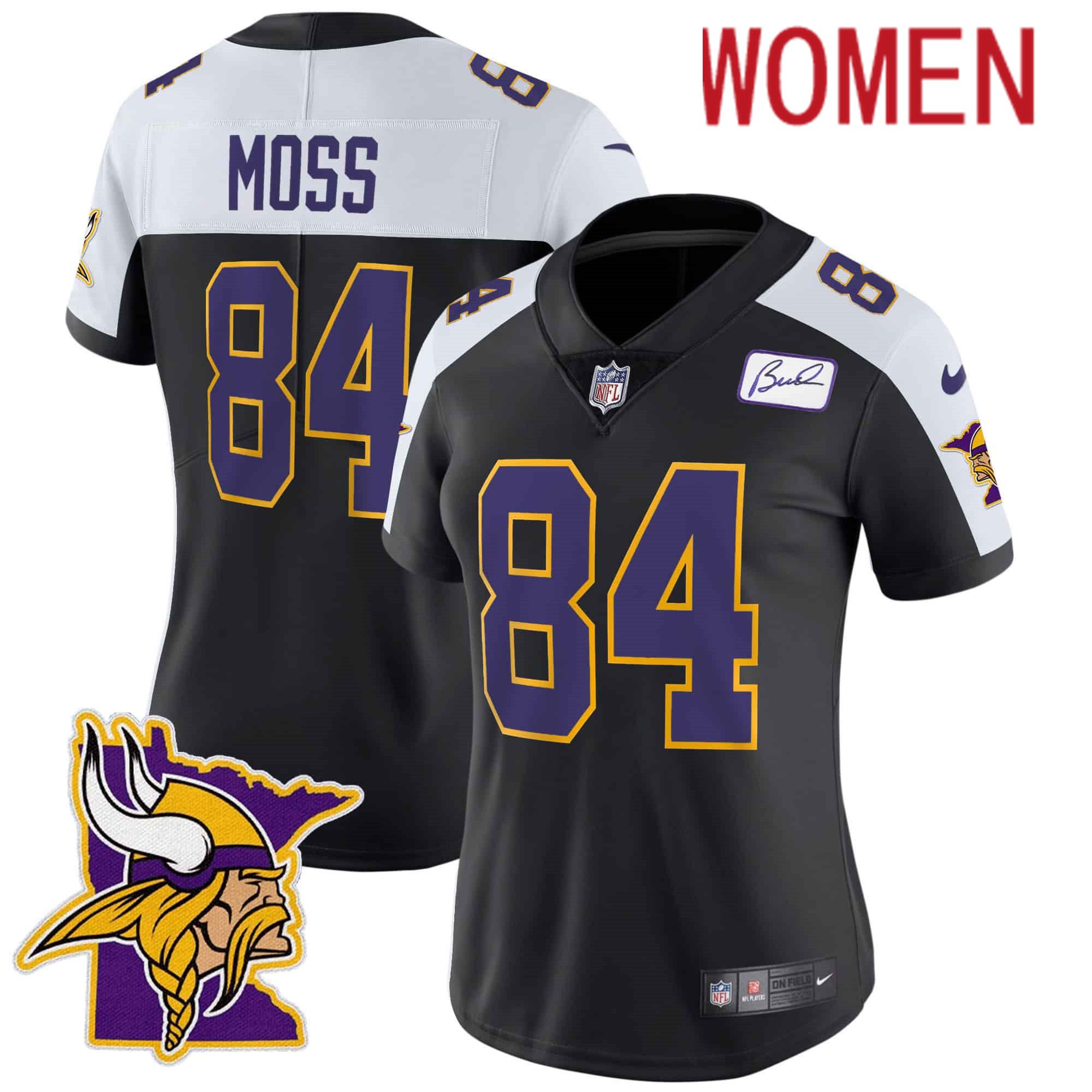 Women Minnesota Vikings 84 Moss Black 2024 Nike Patch Classic Limited NFL Jersey